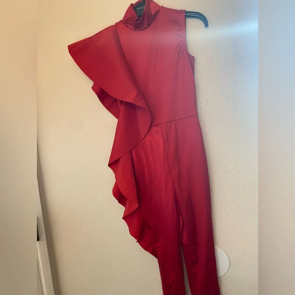 WEISSMAN Dance Costume red asymmetrical ruffl jumpsuit My Little Love 14436 XSA
